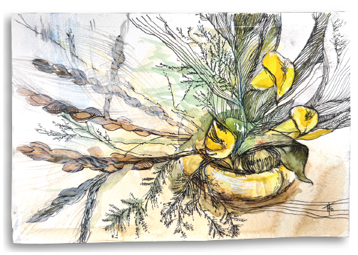 Artistic depiction of feathers and yellow flowers on a textured background. Watercolor. Signed by artist. 
