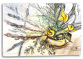 Artistic depiction of feathers and yellow flowers on a textured background. Watercolor. Signed by artist. 