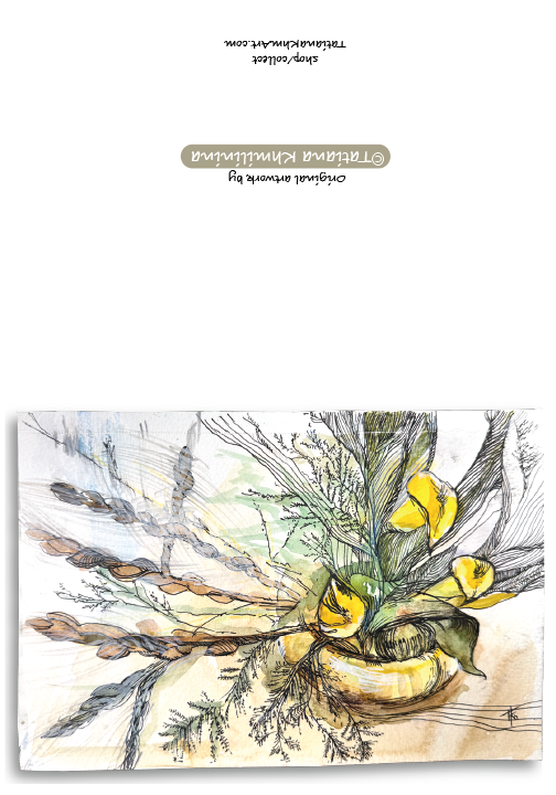 Artistic illustration of floral design and text on a white background . Watercolor. Signed by artist. 