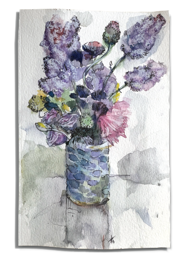 Artistic depiction of lilac and other flowers in a vase. Watercolor. Signed by artist. 