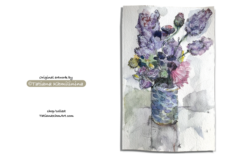 Artistic depiction of lilac and other flowers in a vase. Watercolor. Signed by artist. 