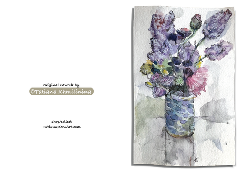 Artistic depiction of lilac and other flowers in a vase. Watercolor. Signed by artist. 