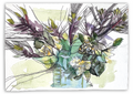 Artistic illustration of floral arrangement with green and purple tones on a white background. Watercolor. Signed by artist. 