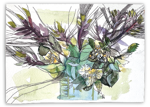 Artistic illustration of floral arrangement with green and purple tones on a white background. Watercolor. Signed by artist. 