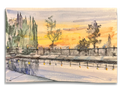 Artistic depiction of a cityscape with a sunset, featuring buildings and trees reflected in water. Watercolor. Signed by artist. 