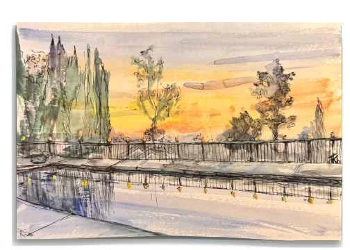 Artistic depiction of a cityscape with a sunset, featuring buildings and trees reflected in water. Watercolor. Signed by artist. 