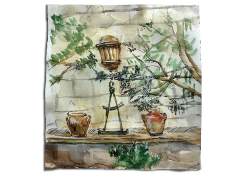 Artistic illustration of still life featuring plants, clay pots and a lantern on a white background. Watercolor. Signed by artist. 