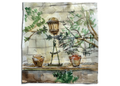 Artistic illustration of still life featuring plants, clay pots and a lantern on a white background. Watercolor. Signed by artist. 