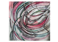 Abstract artwork with swirling lines in pink, green, and black on a white background. Watercolor. Signed by artist