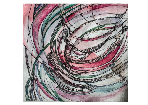 Abstract artwork with swirling lines in pink, green, and black on a white background. Watercolor. Signed by artist