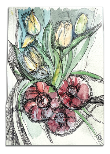 Artistic illustration of flowers with a focus on red and pink blossoms and green leaves. Watercolor. Signed by artist. 