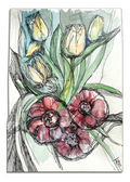 Artistic illustration of flowers with a focus on red and pink blossoms and green leaves. Watercolor. Signed by artist. 