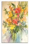 Artistic illustration of a Colorful bouquet of flowers in a vase.  Watercolor. Signed by artist. 