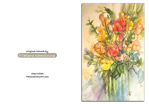 Artistic illustration of a Colorful bouquet of flowers in a vase.  Watercolor. Signed by artist. 