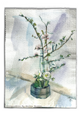 Artistic depiction of a plant in a pot on a surface with a blurred background. Watercolor. Signed by artist. 