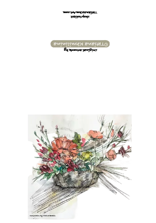 Artistic illustration of Colorful floral arrangement in a basket on a white background.  Watercolor. Signed by artist. 