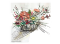 Artistic illustration of Colorful floral arrangement in a basket on a white background.  Watercolor. Signed by artist. 
