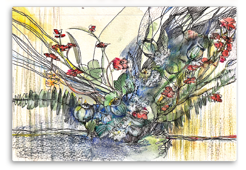 Artistic depiction of a bird with floral elements on a white background. Watercolor. Signed by artist. 