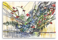 Artistic depiction of a bird with floral elements on a white background. Watercolor. Signed by artist. 