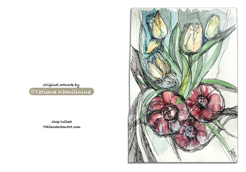 Artistic illustration of flowers with text crediting the artist on a white background. Watercolor. Signed by artist. 